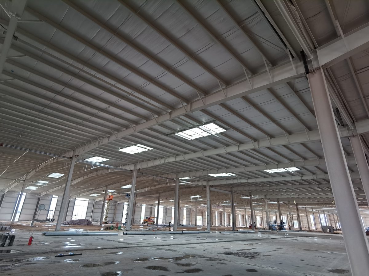 Completed fireproof coating inside a steel structure workshop
